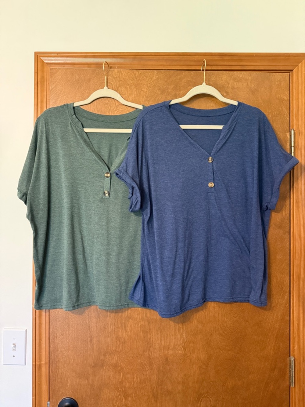 Relaxed V-Neck Button-Front Tees - Blue & Green